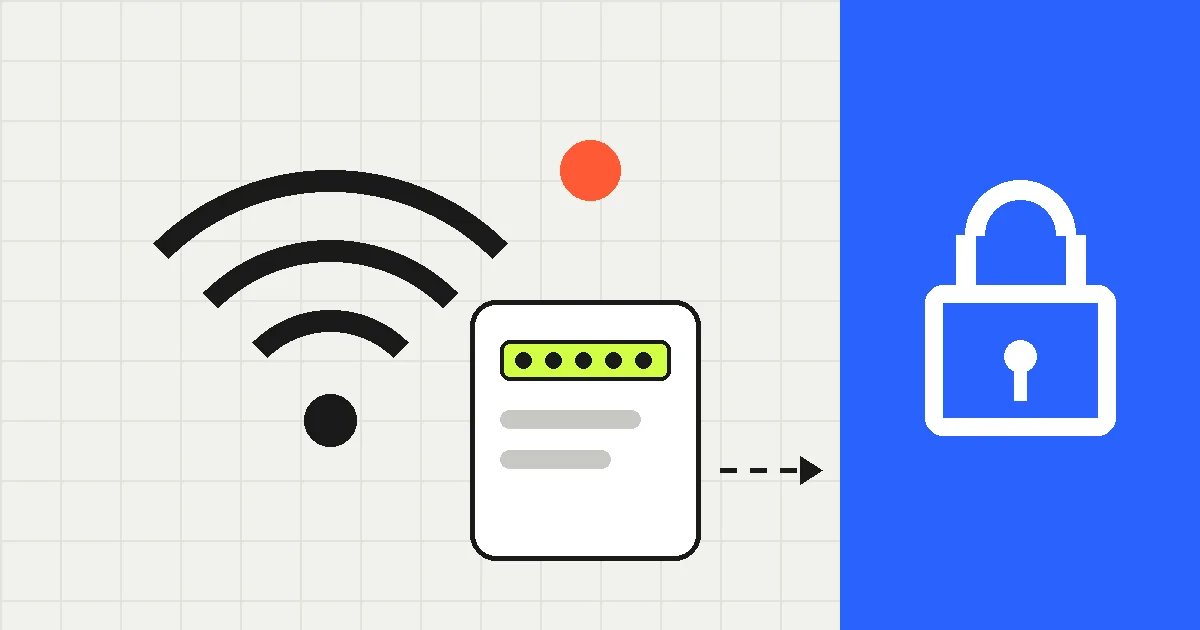 浅色方格背景上画着一个黑色 Wi-Fi 信号图标，旁边一张白色卡片最上面一行是荧光绿的密码圆点，一条虚线箭头指向右侧蓝色区域里的白色挂锁