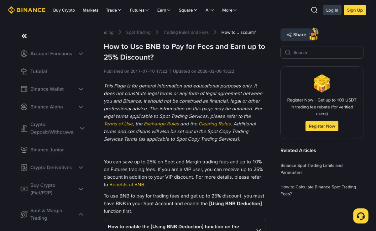 עמוד העזרה הציבורי של Binance: נדרשים BNB בחשבון הספוט והפעלת אפשרות התשלום